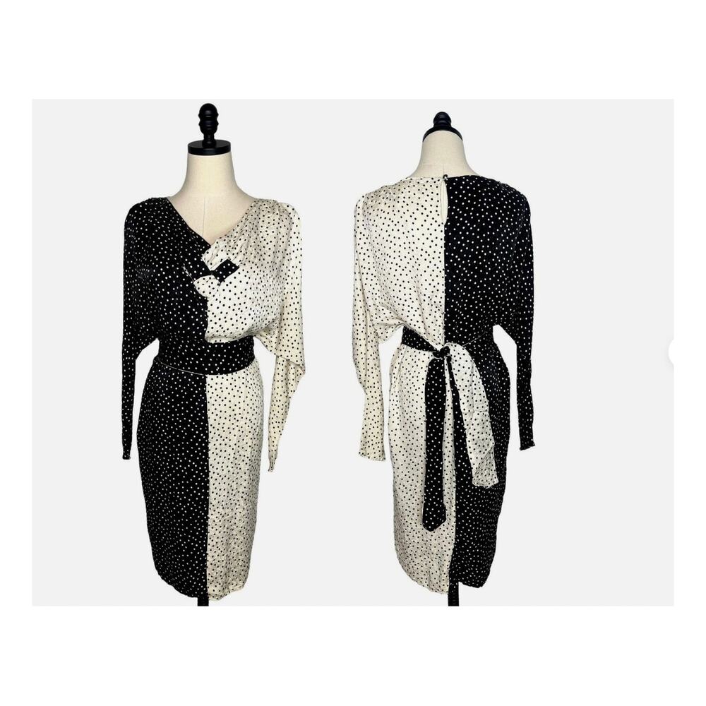 Flora Kung New York 8 100% Silk Polka Dot Dolman Sleeve Dress Black Cream 1980s - Picture 3 of 13